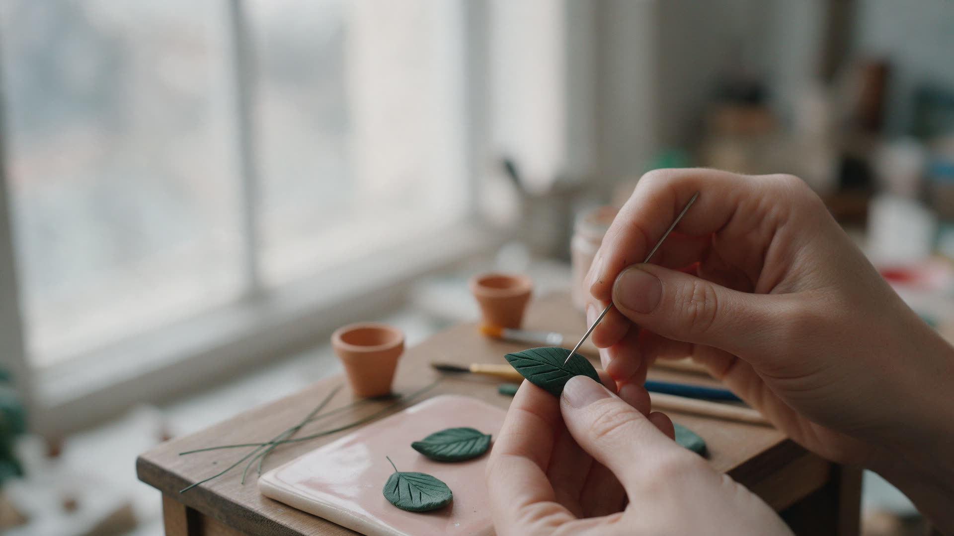 Hands pressing veins into a tiny green clay leaf with a needle tool, finished leaves drying on a pink tile.
